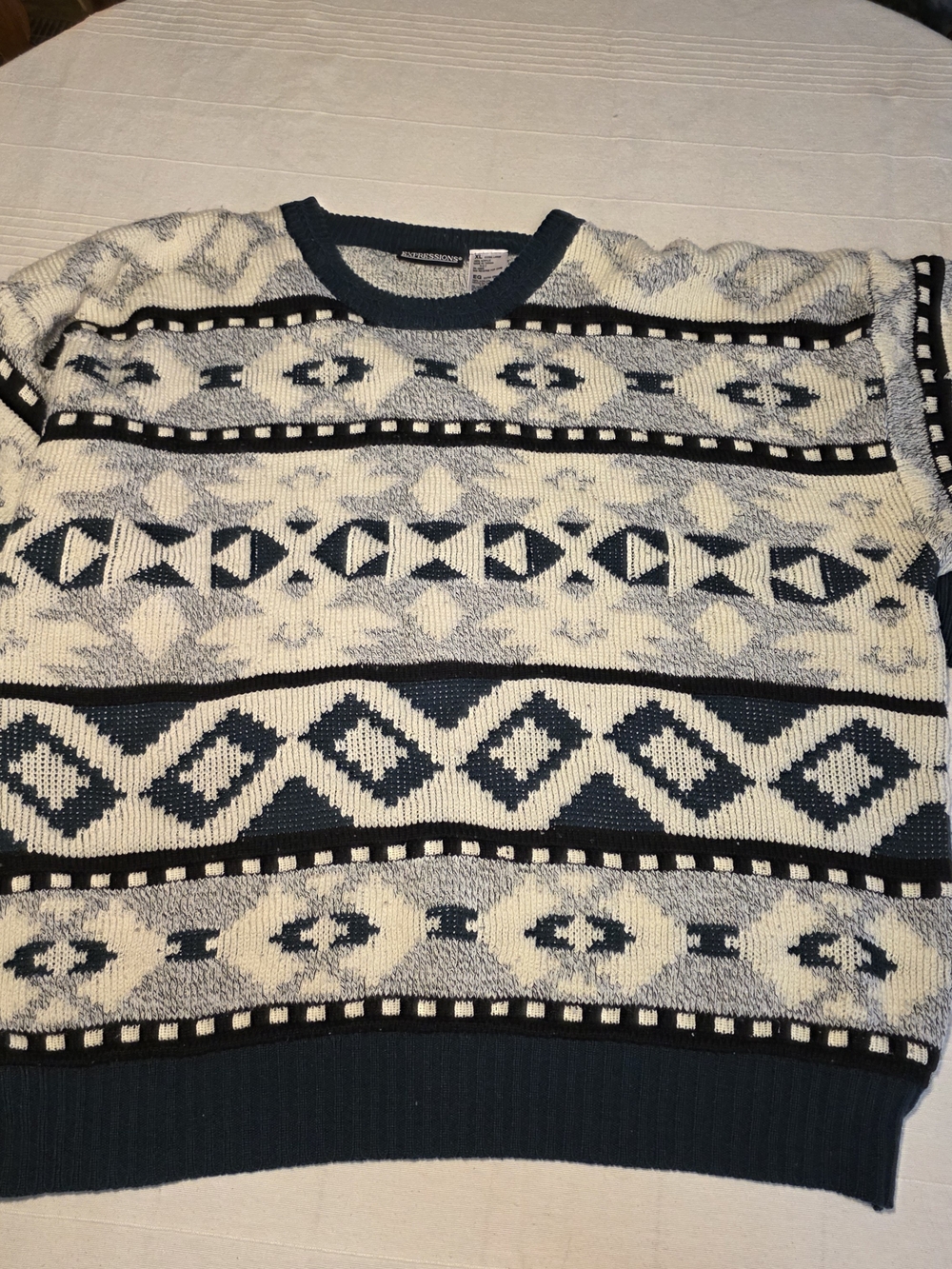 Vintage 80s 90s Expressions Navy and Grey Geometric Crewneck Sweater XL